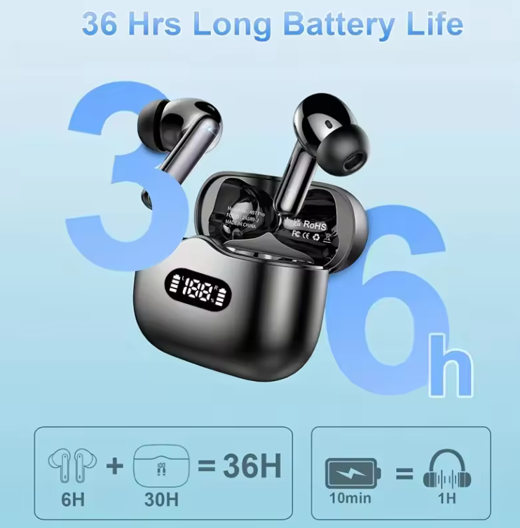 Wireless Earphone 40dB Noise Cancelling Bluetooth 5.3 Headphone 6 Mic ENC with LED Display HD Call TWS Earbuds Transparency Mode